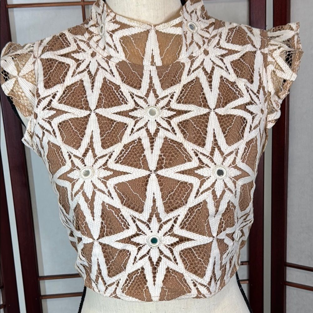 Tan Crop Blouse with Graphic Mandarin Collar